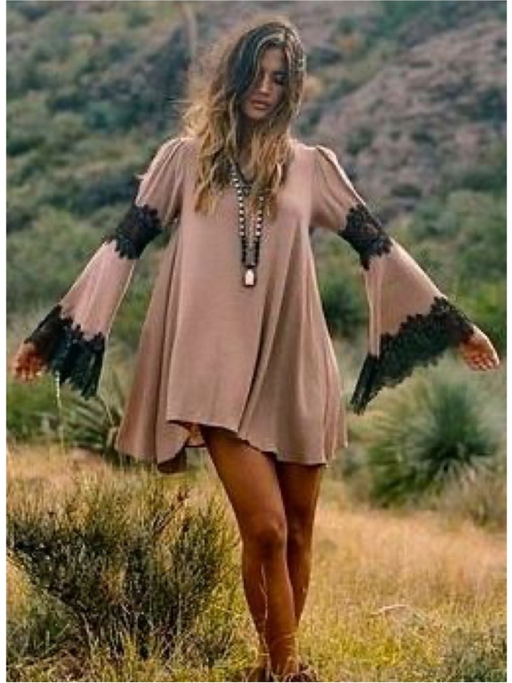 For Love & Lemons Beige Lace Bell Sleeve Boho Tunic Dress XS